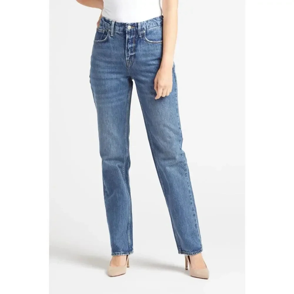NWT Good American Slim Straight Leg Jeans High Rise Ripped Medium Wash 2/26